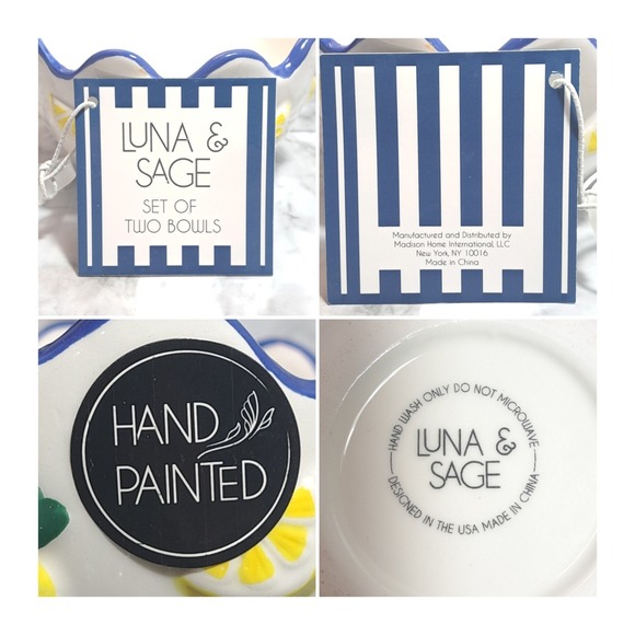 Luna & Sage Set of 2 Lemon Theme Bowls With Blue Scallop Rim Kitchen Dinnerware - Picture 5 of 11